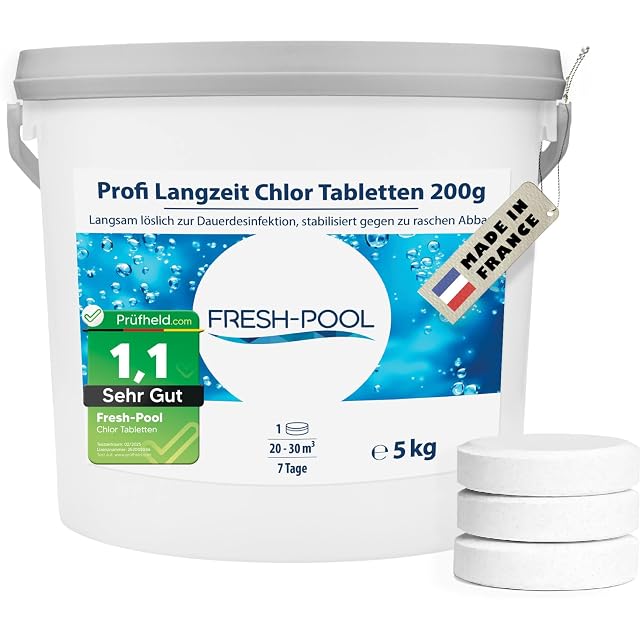 Fresh-Pool 200 gram long-acting chlorine tablets, individually sealed, in a five kilogram pack