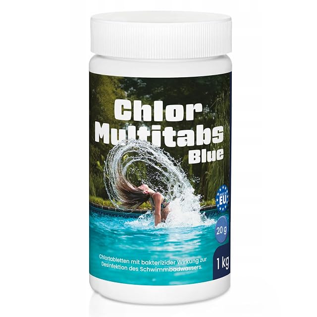 Blue Medfuture 11-in-1 chlorine multitablets of 20 grams in a resealable one kilogram tub
