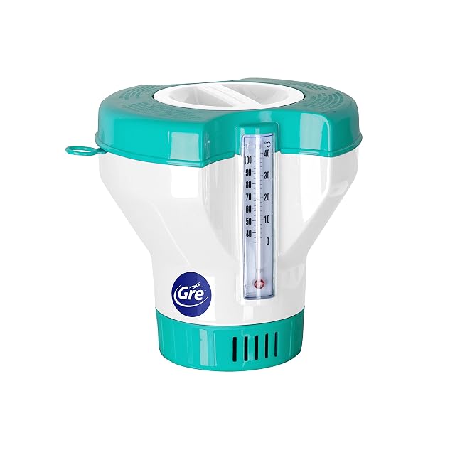 Gre floating chemical dispenser with an integrated thermometer and adjustable lower ring