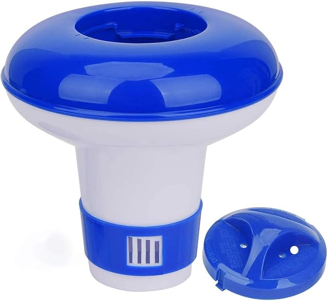 Blue and white wojonifuiliy floating chlorine dispenser with an adjustable base ring