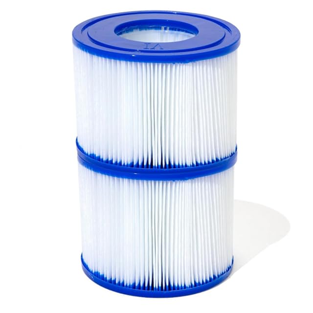 Two white Bestway type VI spa filter cartridges with pleated lamella structure
