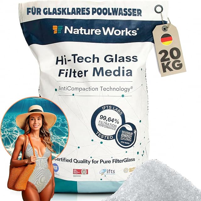 Twenty kilogram sack of poolomio Nature Works white filter glass at 0.6 to 1.2 millimetres
