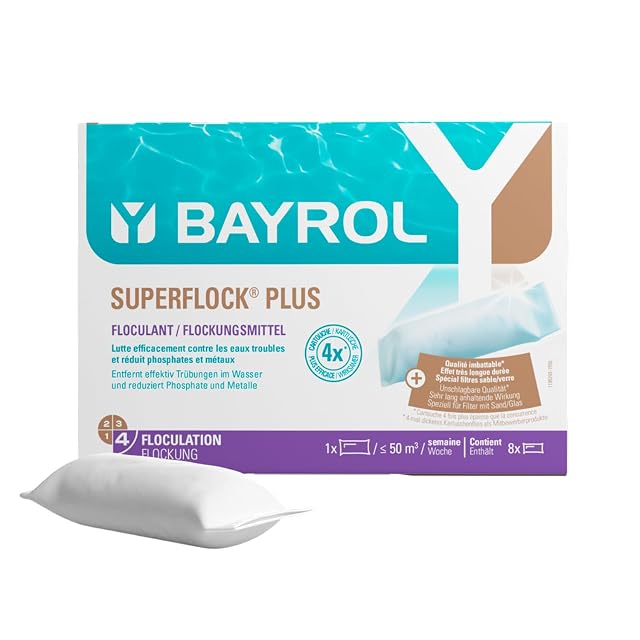 Bayrol Superflock Plus flocculant cartridges in a one kilogram pack for sand filters