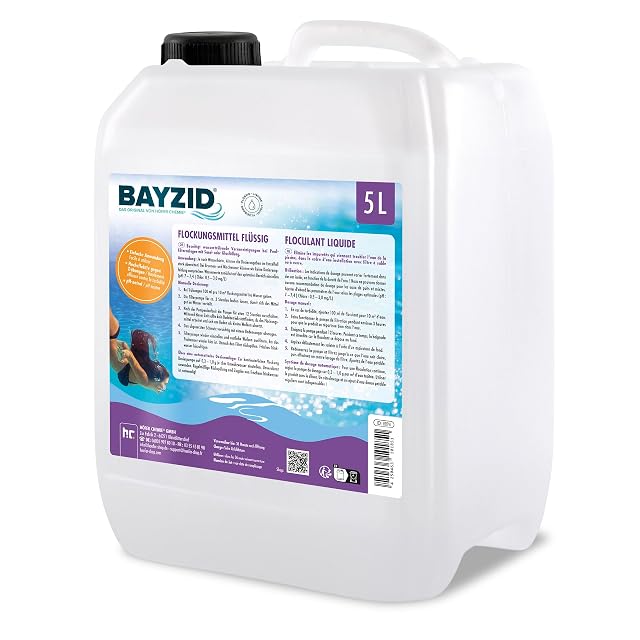 BAYZID liquid pool flocculant in a five litre container for sand filter systems