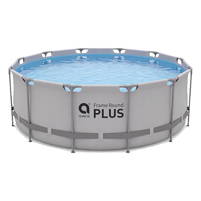 Grey round Avenli Frame Plus pool 366 cm across and 122 cm high on a steel tube frame