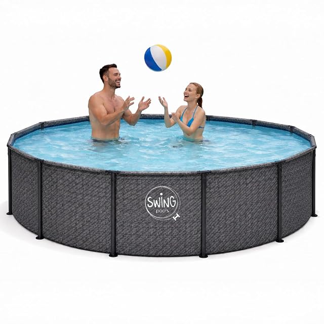 Round grey HAF Swing Frame Pool with herringbone pattern, 366 cm across and 91 cm deep