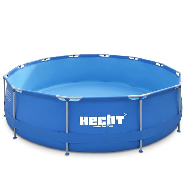 Round blue Hecht steel-frame garden pool on a metal tube frame, 300 cm across and 76 cm deep
