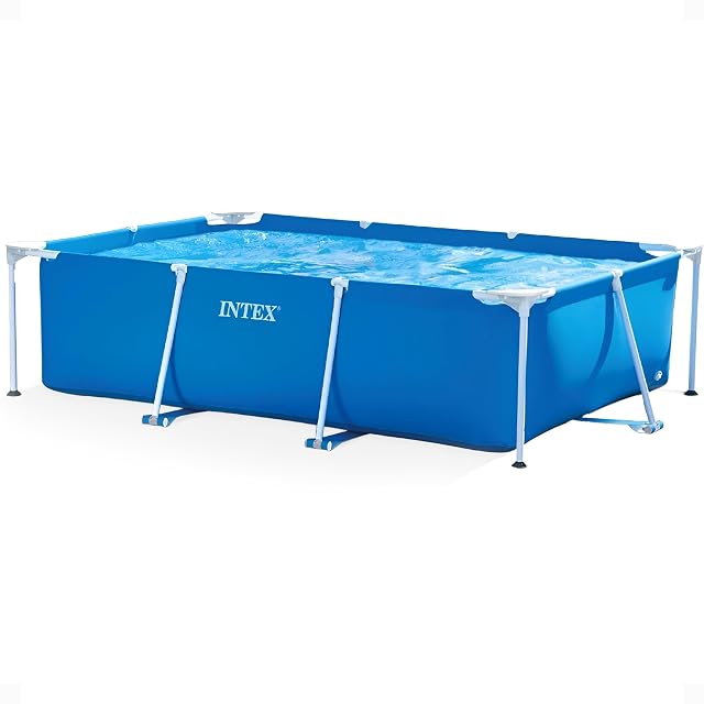 Blue rectangular Intex Metal Frame pool on a galvanised steel tube frame, 300 by 200 cm and 75 cm high
