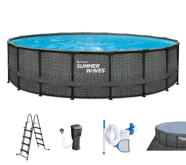 Large round Summer Waves frame pool in grey rattan effect, 549 cm across and 132 cm deep, with a ladder