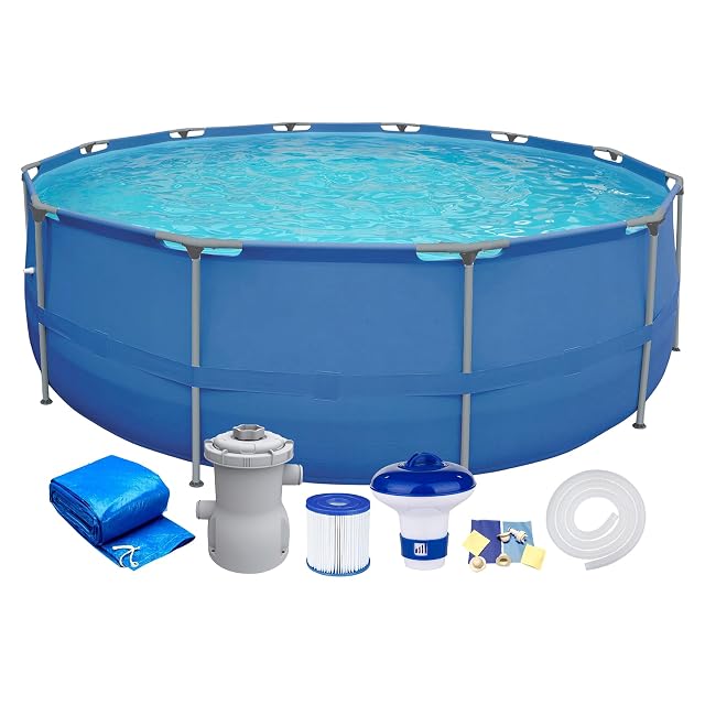 Round blue Walden Sports steel frame pool 300 cm across with a filter pump and cover beside it