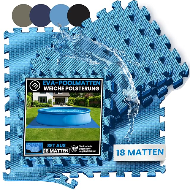 Blue BeMaxx EVA interlocking pool floor tiles, 32 cm square and 1 cm thick, with edge pieces