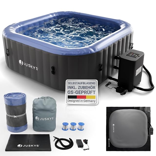 Grey and blue Juskys SpaLuxe inflatable spa with a cover and transport bag