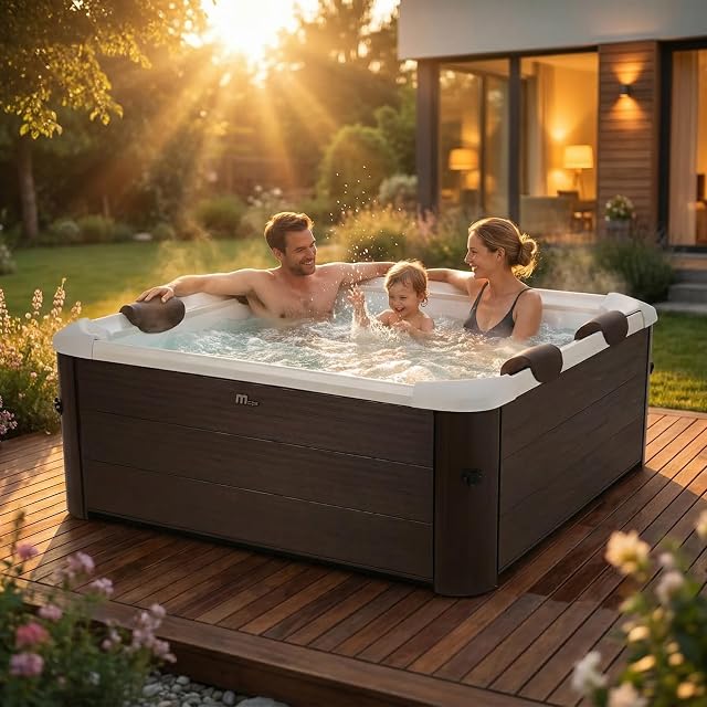 Miweba MSpa Tribeca square spa in a wood finish with app control