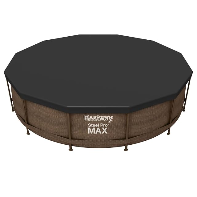 Black Bestway round PVC pool cover with fixing ropes