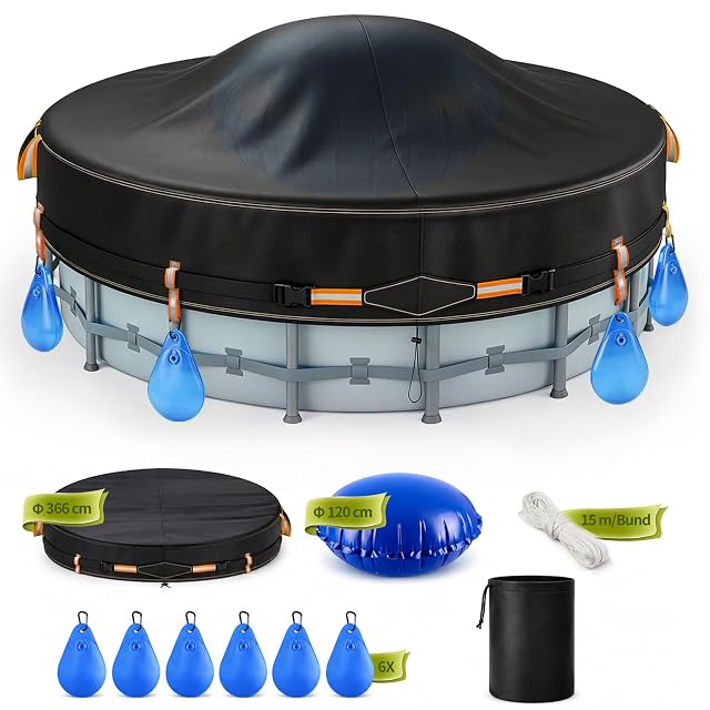 Biigdan round pool cover set with a winter pillow and six water weight bags