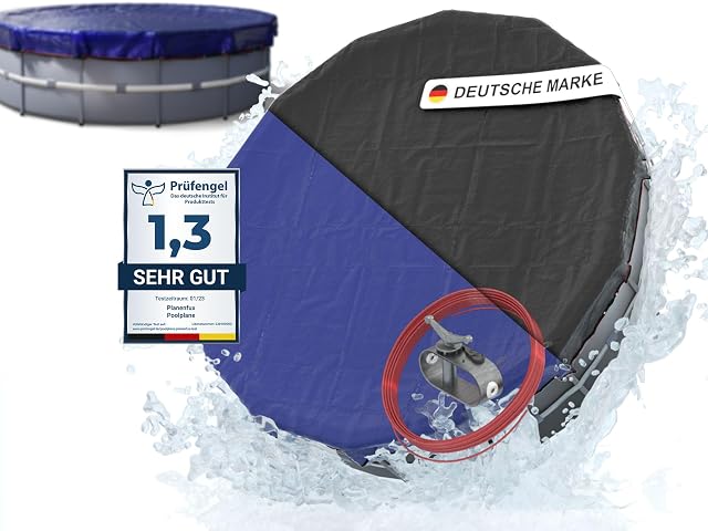 Planenfux reversible round pool cover, black on one side and blue on the other