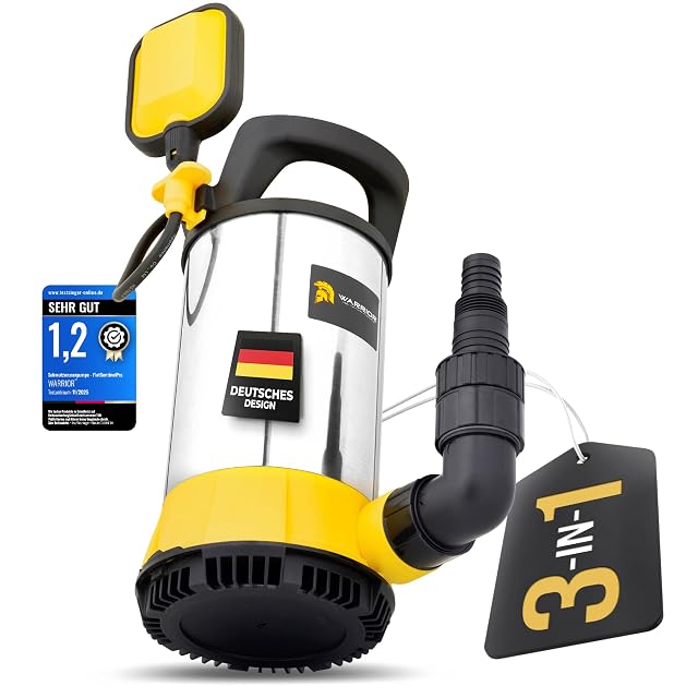 WARRIOR 3-in-1 flat-suction dirty water pump in a stainless steel housing with a carry bag