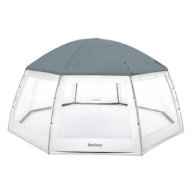 Bestway pool pavilion 600 by 295 cm with eight transparent windows and two entrances, over a large round pool