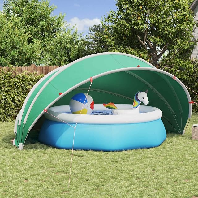Green Versear pool dome 500 cm square and 236 cm high, standing on flexible fibreglass poles