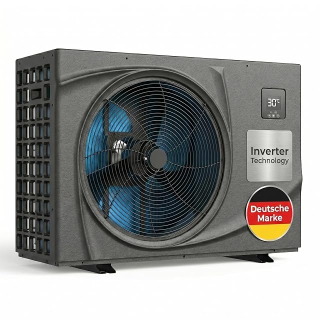 poolomio full inverter pool heat pump with 50 millimetre hydraulic connections and anti-vibration blocks