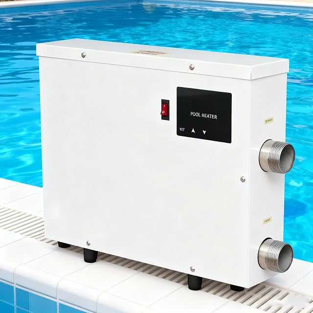 aromaoveite stainless steel pool and spa heater with a touchscreen thermostat panel