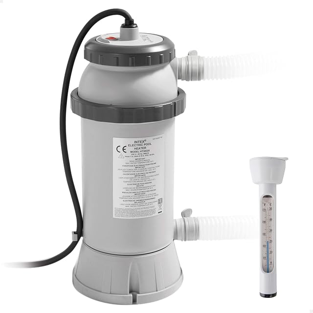 Intex cylindrical pool heater 25 cm across and 45 cm tall, plumbed into a frame pool filter line