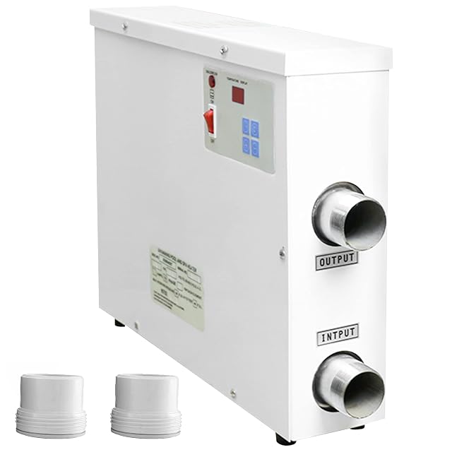 TGHY electric pool flow heater with a digital thermostat panel and aluminium-coated housing