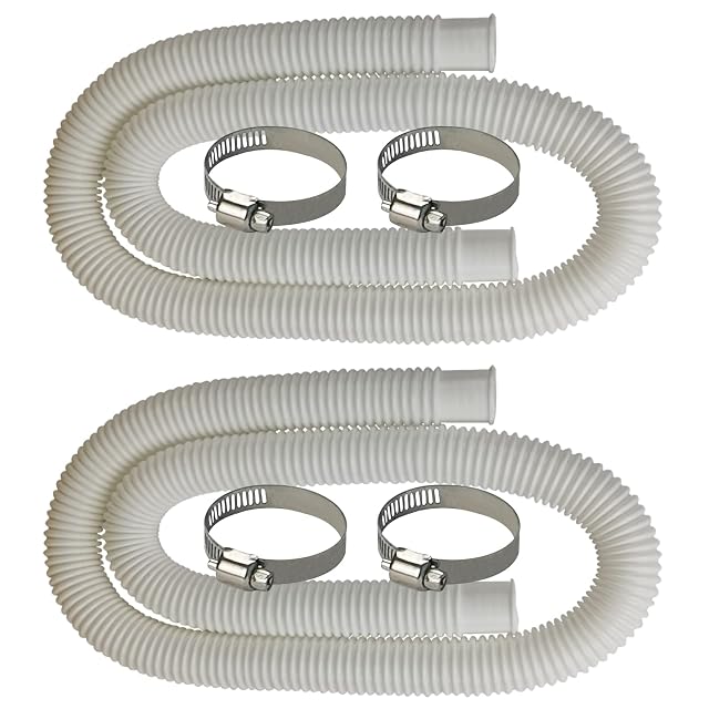 Two white MEZYJIUCOM pool replacement hoses of 150 cm each with four clamps