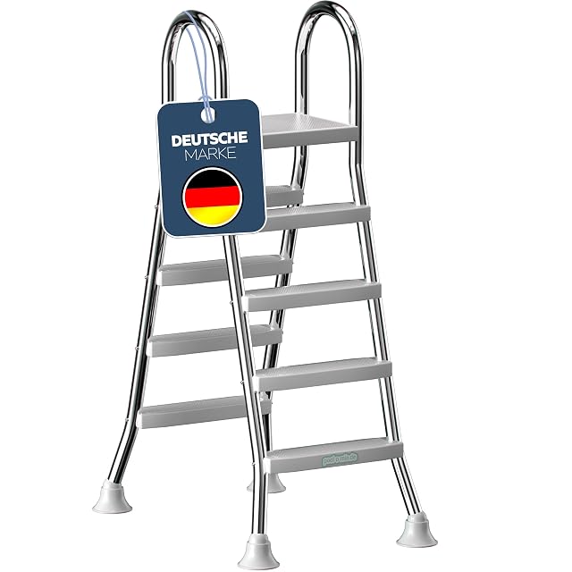 poolomio stainless steel pool ladder with handrail and four steps beside a tall above-ground pool