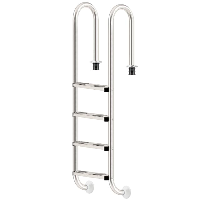 Zelsius V2A stainless steel pool ladder with four wide steps and rubber-tipped handrails