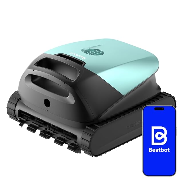 Mint green Beatbot Sora 10 pool robot cleaning the waterline of a pool