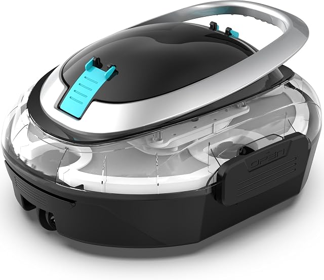BRINBO S2 cordless pool robot with a transparent housing showing the debris basket inside