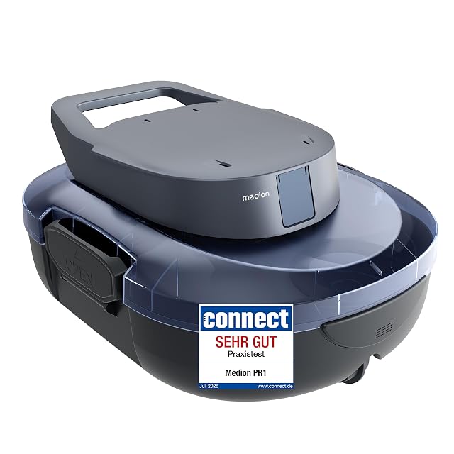 MEDION PR1 cordless pool robot on the flat floor of an above-ground pool