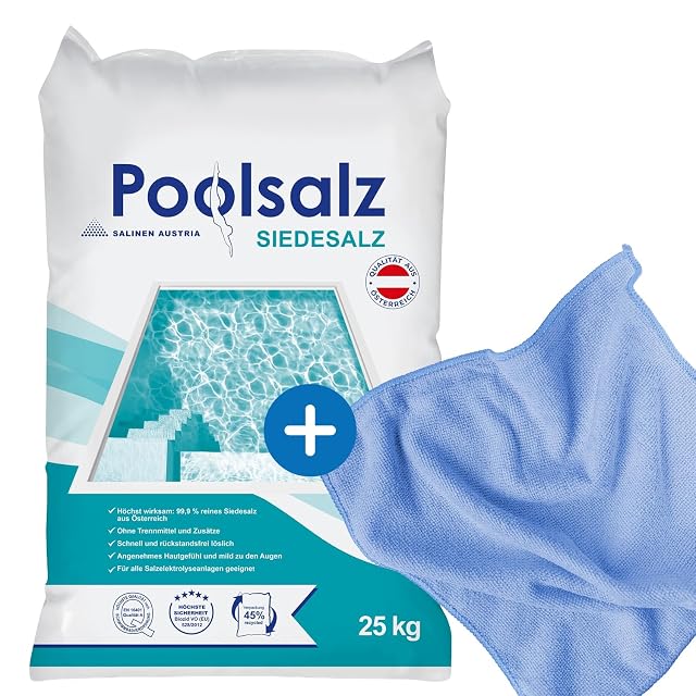 kör4u pool salt, a 25 kilogram sack of fine evaporated salt with a microfibre cloth