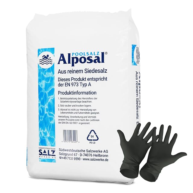 Alposal Poolsalz supplied as two 25 kilogram sacks with a pair of disposable gloves