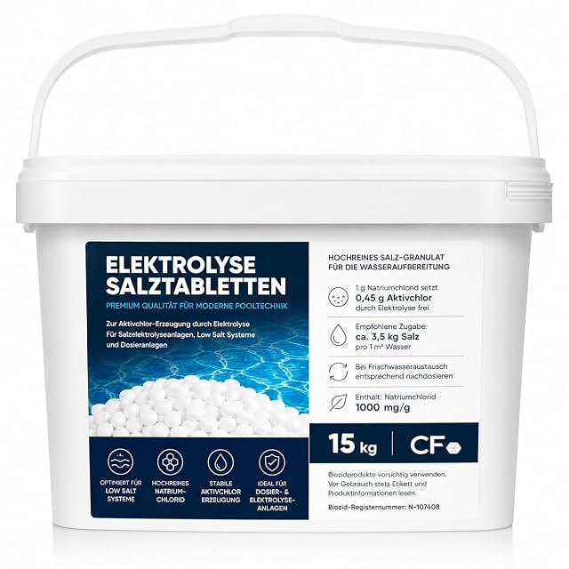 poolomio salt tablets in a 15 kilogram container with a carrying handle, for low-salt electrolysis