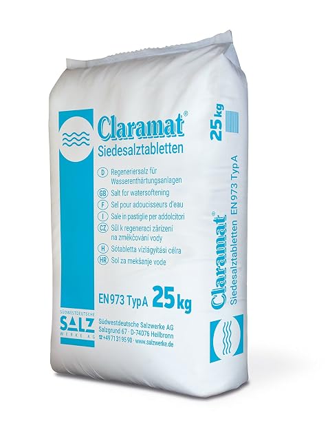 Claramat evaporated salt tablets in a 25 kilogram polyethylene sack