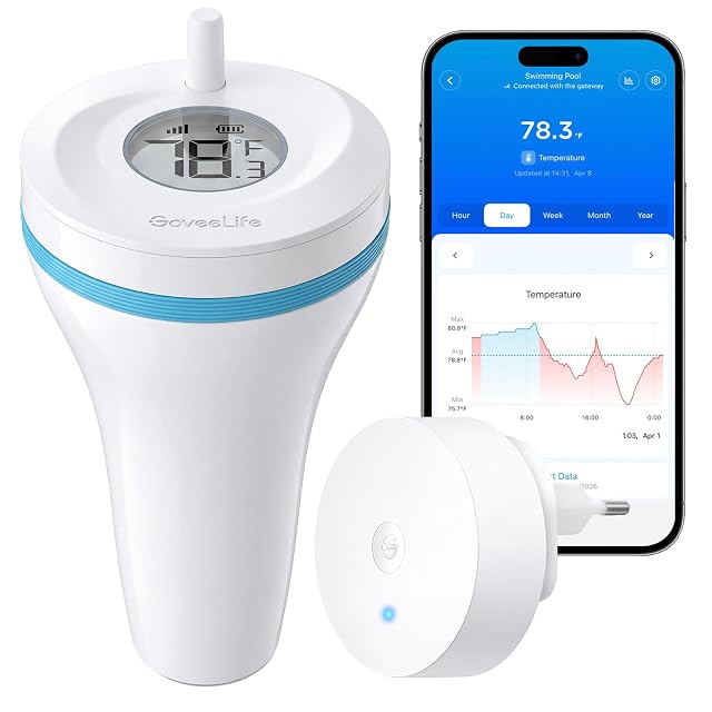 GoveeLife P2 floating WiFi pool thermometer with its gateway and phone app