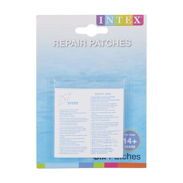 Six transparent Intex vinyl repair patches, each 7 by 7 centimetres