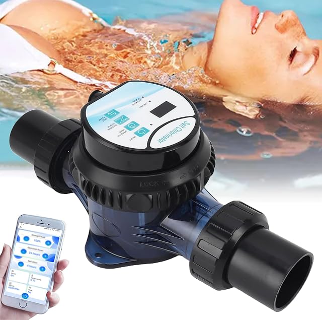 HNBYLMM salt chlorine generator with a digital panel, installed on the return line of an in-ground pool
