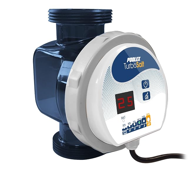 Compact POOLEX Turbo Salt electrolysis unit mounted beside a pool filter installation