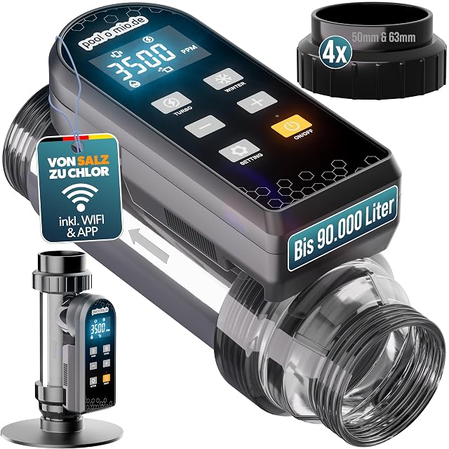 poolomio LCA200 chlorinator with a titanium cell housing and app-controlled panel in a pool plant room