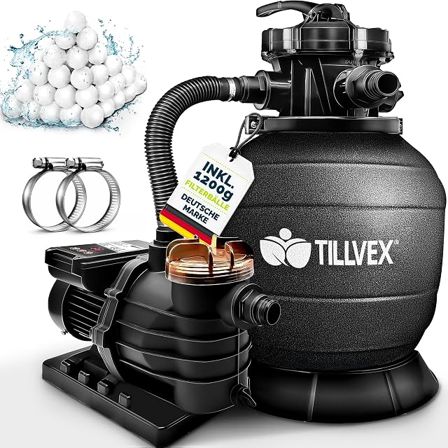 tillvex sand filter system with a timer, pressure gauge and seven-way valve