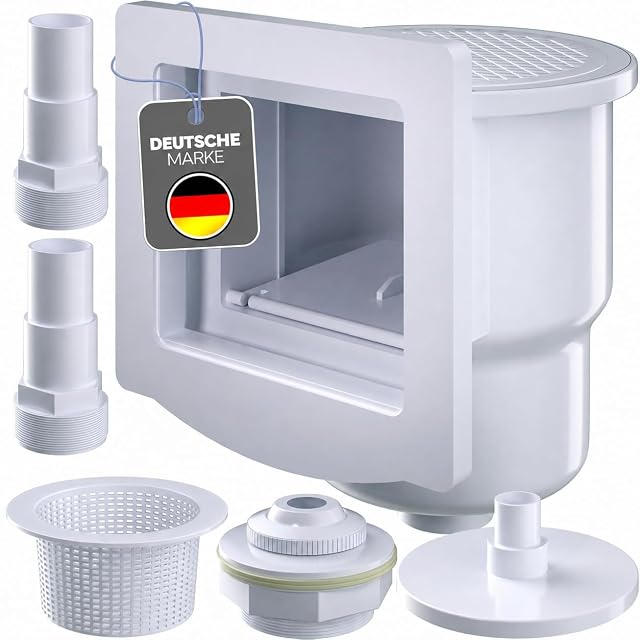 poolomio built-in pool skimmer set with basket, weir flap, inlet nozzle, gasket and screws