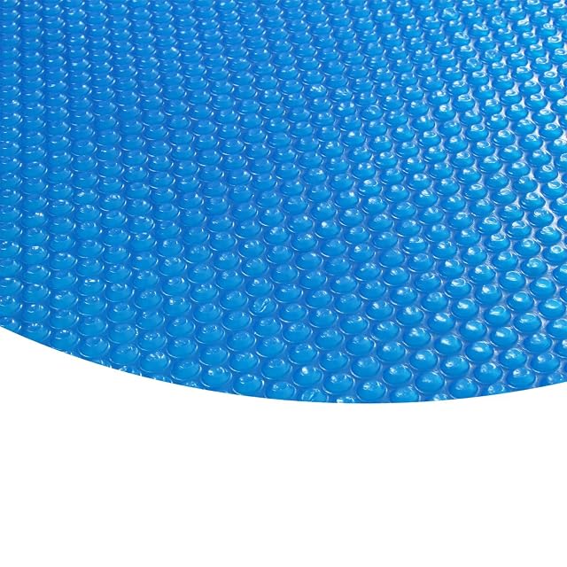 Blue Zelsius 400 micron bubble solar cover floating on a round pool