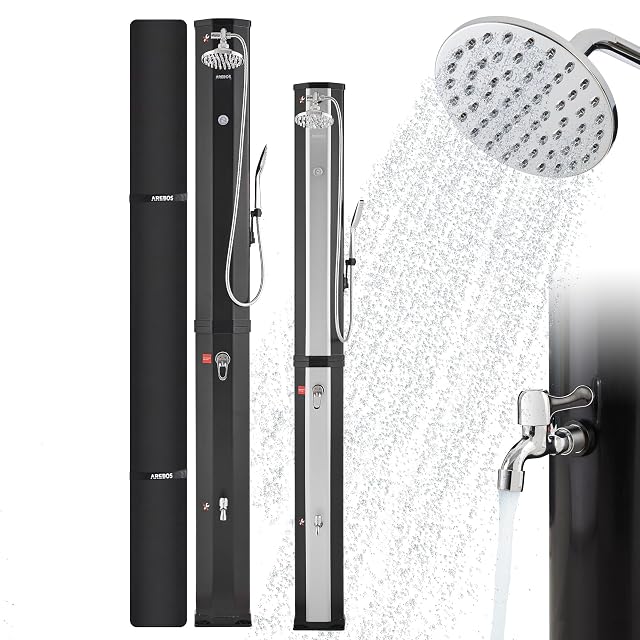 Black Arebos 60 litre solar shower with a mixing tap on the body