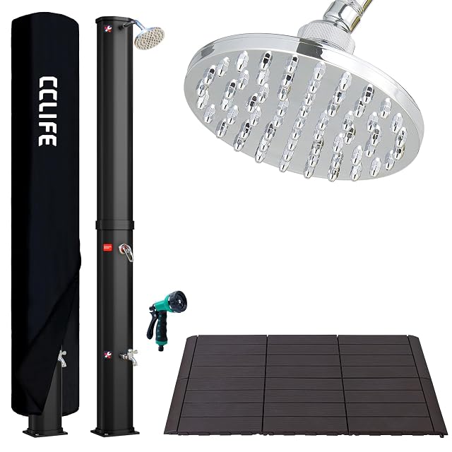 CCLIFE 40 litre solar shower with a clip-on plastic floor plate and hand spray
