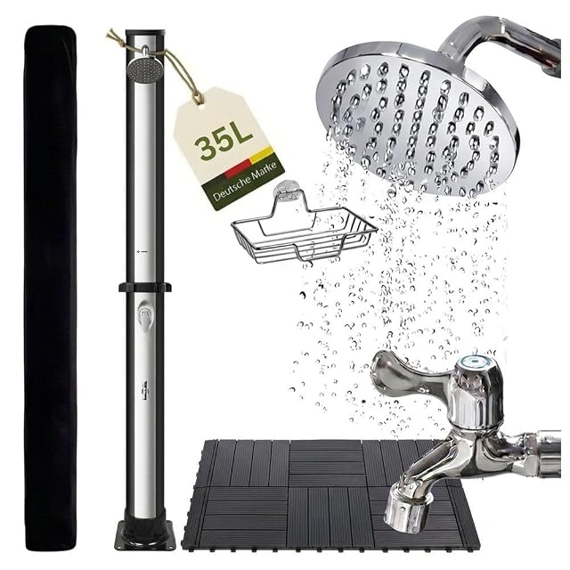 Black and silver novaterra solar shower with a rain head, shelf and foot shower