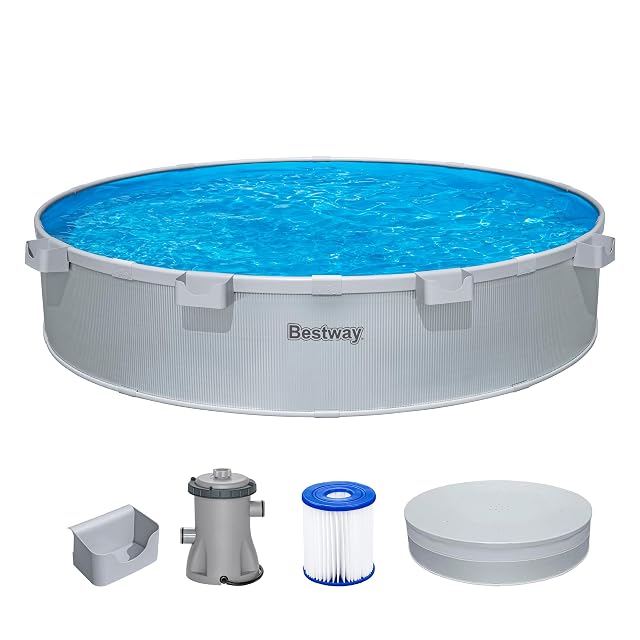 Round grey Bestway steel wall pool 305 cm across and 61 cm deep, in an industrial stock-tank style