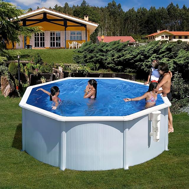 White Paradies Pool Gre GIANT steel wall pool 460 cm across with a wide handrail and a blue liner